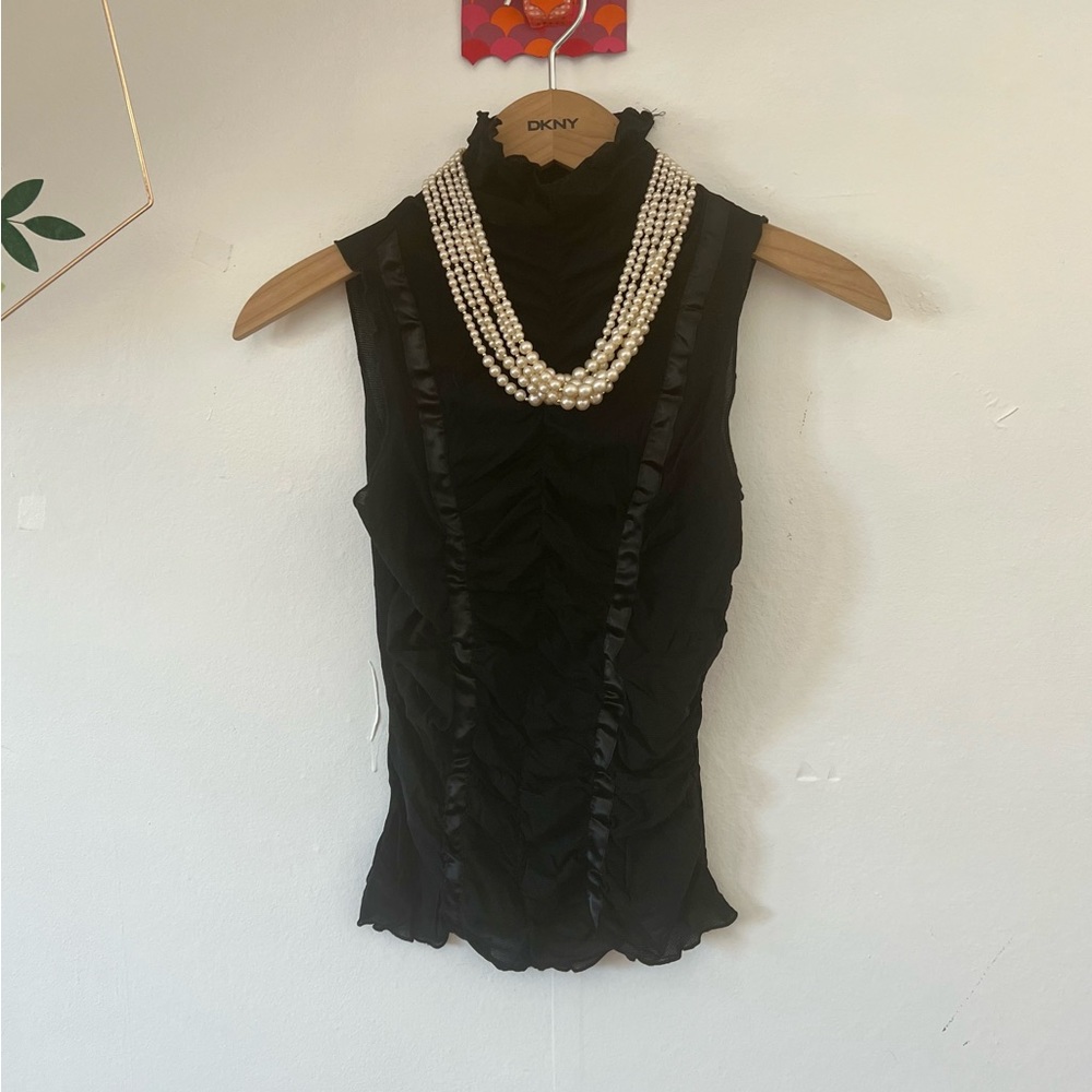 VTG sheer S mesh ruched with satin ribbon high neck clubbing dancing date night